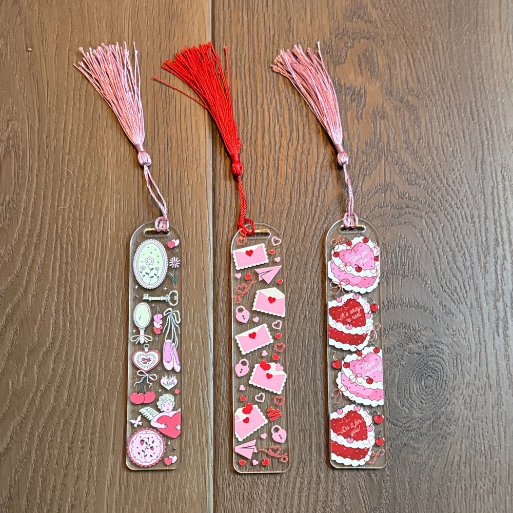Set of Three Handmade Valentine Bookmarks with Tassels